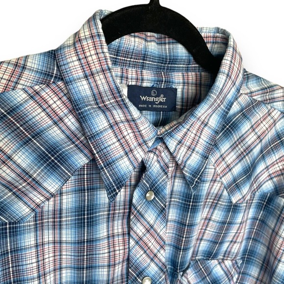 Vintage 90s Wrangler Blue White Red Plaid Western Pearl Snap Shirt Size Large - Picture 3 of 4